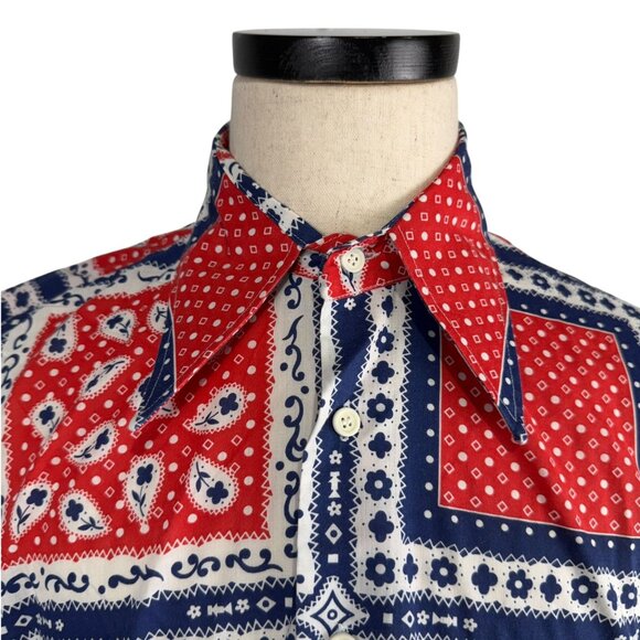 Vintage 70s Kings Road Mens Perma-Prest Short Sleeve Shirt Size M Red/Blue - Picture 8 of 8